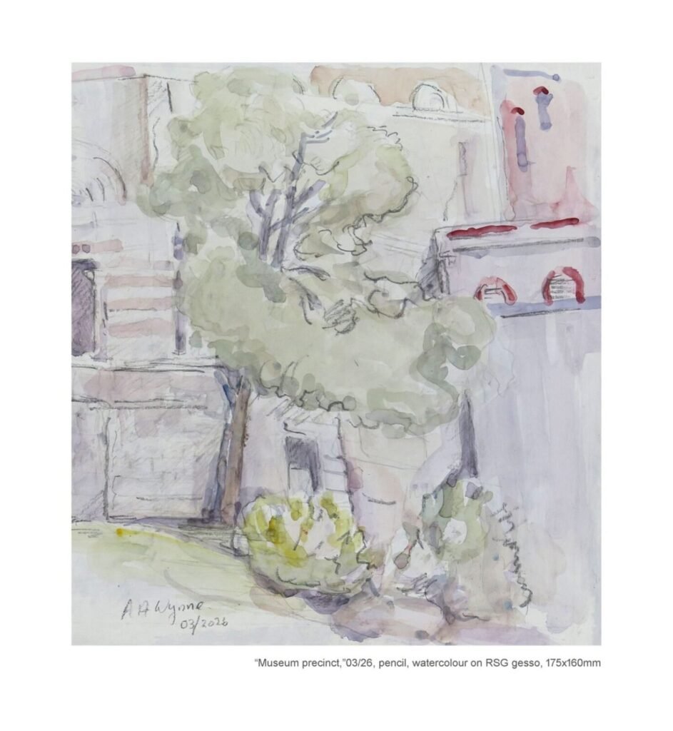2026-03-27 - Tony - Museum precinct - pencil watercolour on RSG gesso